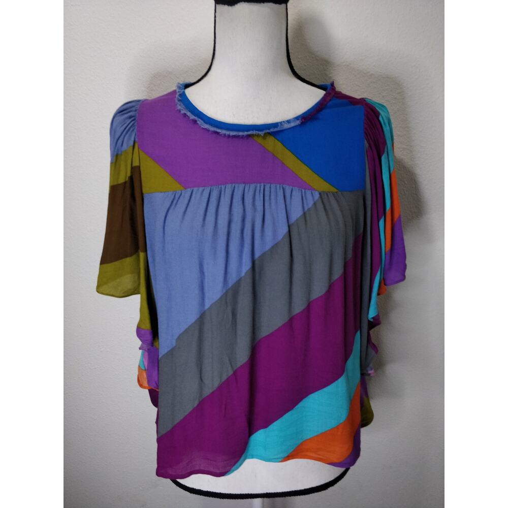 Anthropologie Hiche Mosaic Multicolor Blue Colorblock Flutter Sleeve Top S - Picture 2 of 10